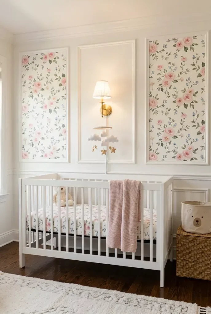 Traditional nursery with vintage floral wallpaper panels behind a white baby crib and gold wall sconce.