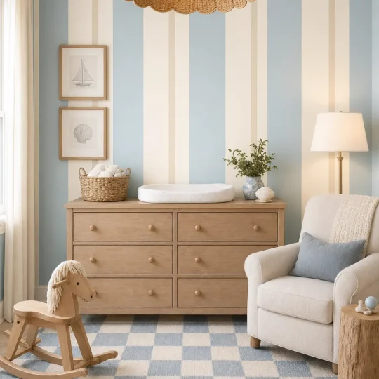 A serene coastal-inspired nursery featuring Striped wallpaper on a central accent wall behind a white six-drawer dresser.