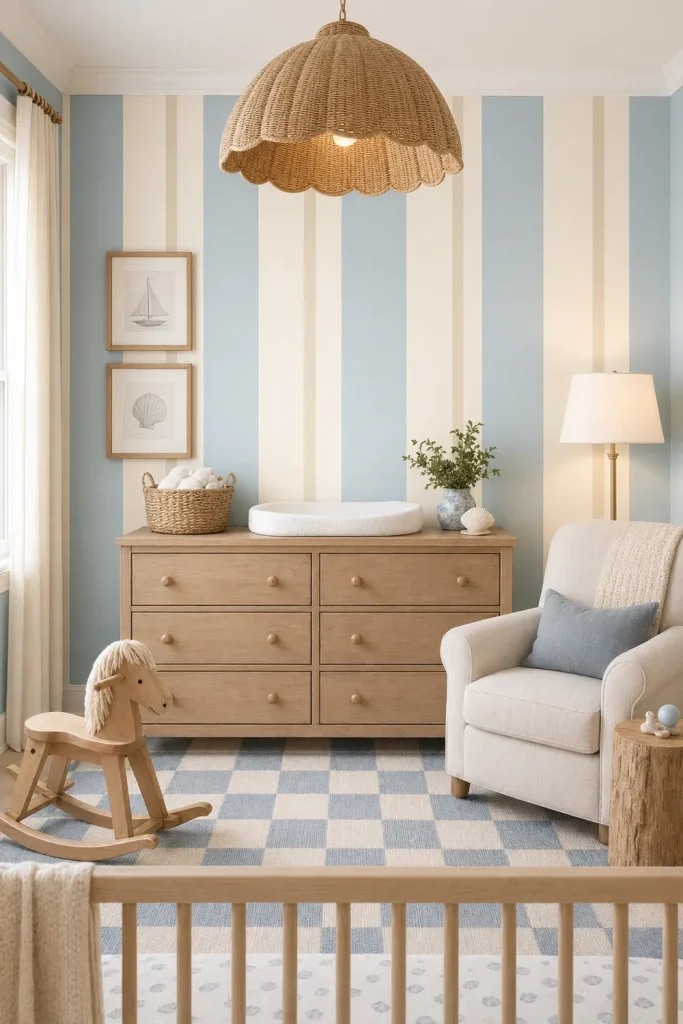A serene coastal-inspired nursery featuring Striped wallpaper on a central accent wall behind a white six-drawer dresser.