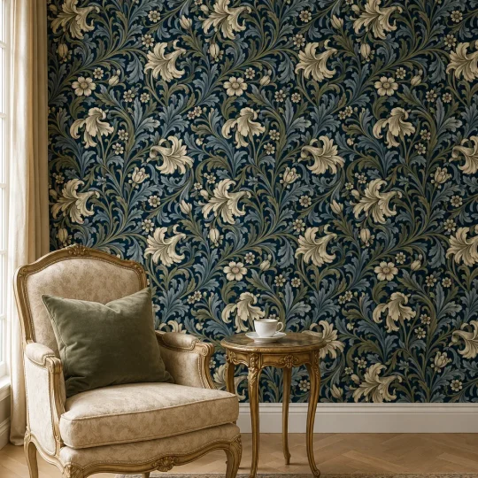 Neoclassical room featuring an Arts and Crafts styled vintage wallpaper with acanthus leaves and lilies on a navy background.