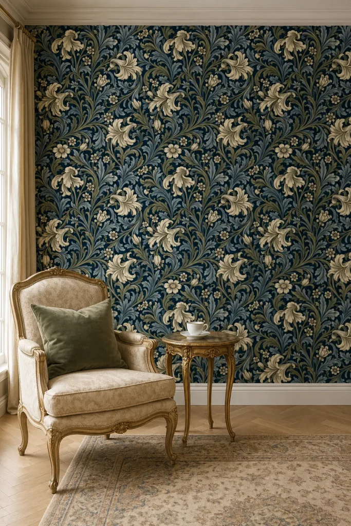 Neoclassical room featuring an Arts and Crafts styled vintage wallpaper with acanthus leaves and lilies on a navy background.