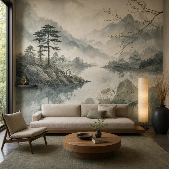 A serene Japandi living room featuring a large-scale japandi misty mountain mural behind a low-profile sofa.