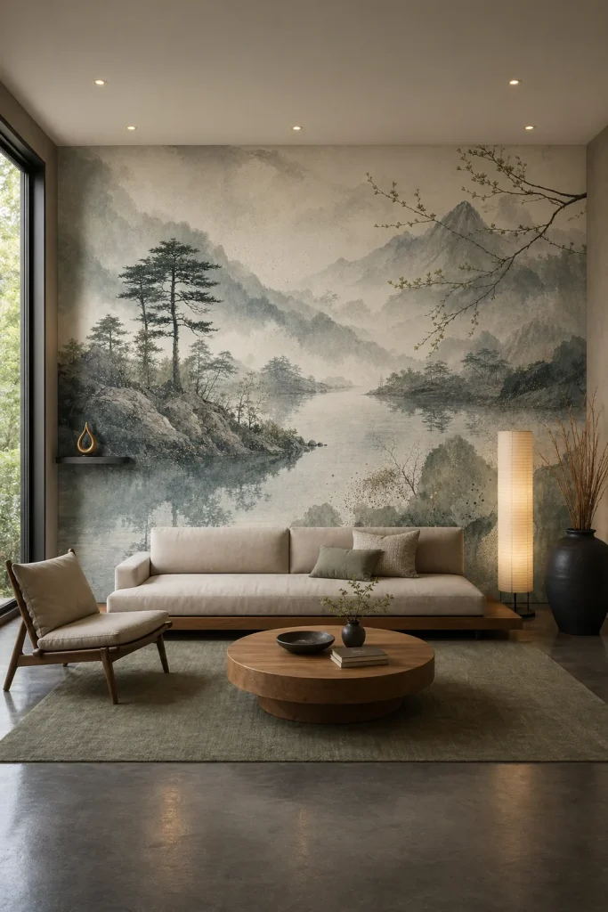 A serene Japandi living room featuring a large-scale japandi misty mountain mural behind a low-profile sofa.