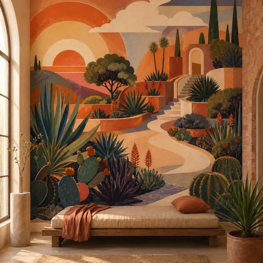 A Spanish Revival Minimalist gallery featuring a desert-inspired retro mural on a plaster wall.