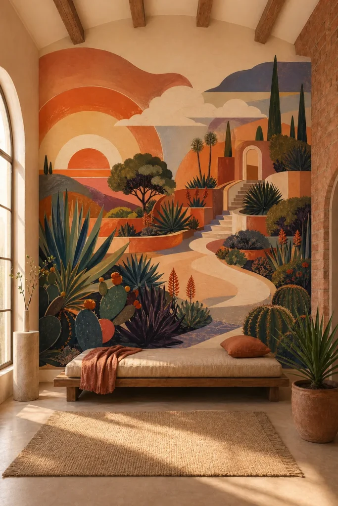 A Spanish Revival Minimalist gallery featuring a desert-inspired retro mural on a plaster wall.