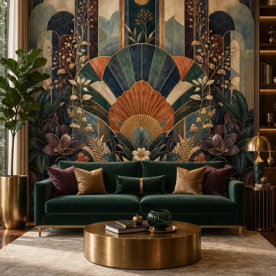 A high-end mid-century living room featuring a symmetrical neo deco botanical mural behind a low-profile velvet sofa.