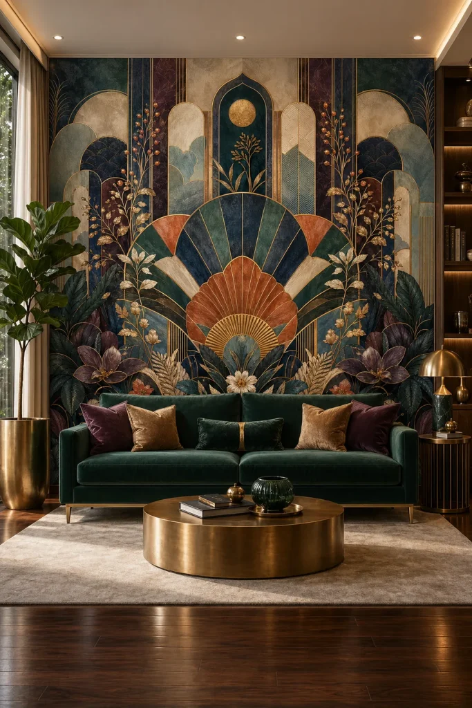A high-end mid-century living room featuring a symmetrical neo deco botanical mural behind a low-profile velvet sofa.