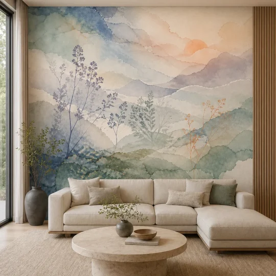 A Japandi living room featuring a soft watercolor landscape mural on a large feature wall behind a low-profile sofa.