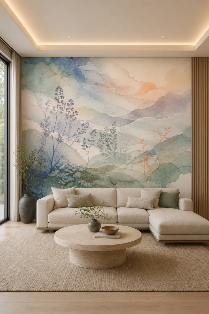 A Japandi living room featuring a soft watercolor landscape mural on a large feature wall behind a low-profile sofa.