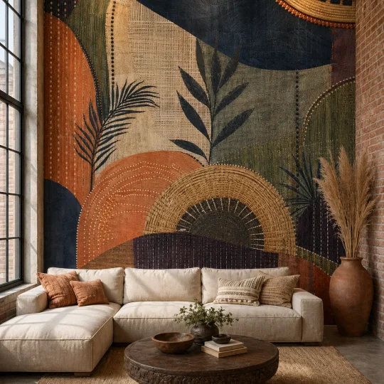 A global modern artisan loft featuring a large crafted textile abstract mural on a tall plaster feature wall behind a low-profile sectional sofa.