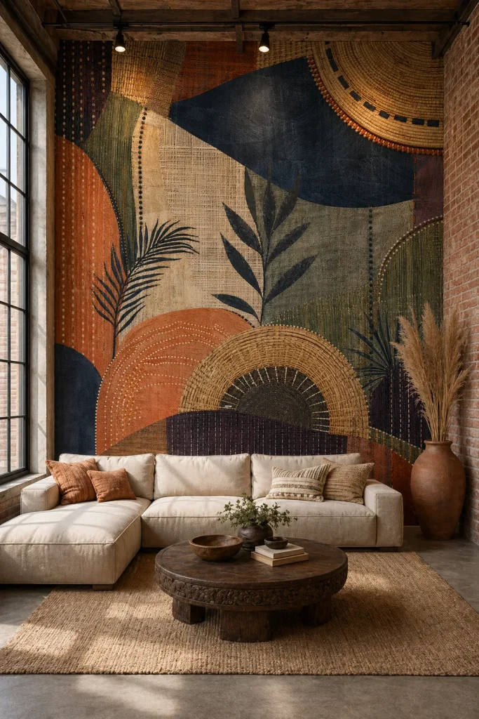 A global modern artisan loft featuring a large crafted textile abstract mural on a tall plaster feature wall behind a low-profile sectional sofa.