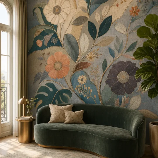 An embroidered tapestry mural featuring botanical floral textures on the accent wall of a modern boutique hotel room.
