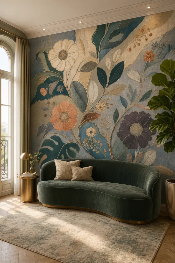 An embroidered tapestry mural featuring botanical floral textures on the accent wall of a modern boutique hotel room.
