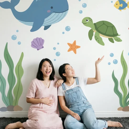 A modern nursery mural under the sea featuring a large blue whale and friendly sea creatures on a white wall.