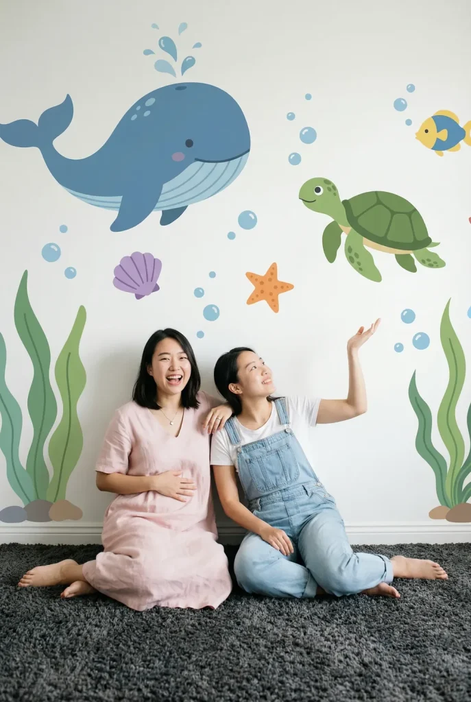 A modern nursery mural under the sea featuring a large blue whale and friendly sea creatures on a white wall.