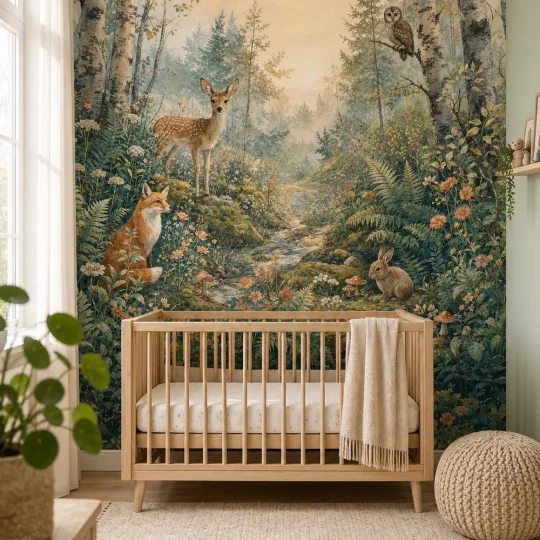 A Nordic-style nursery featuring a storybook woodland mural with watercolor animals behind a light wood crib.