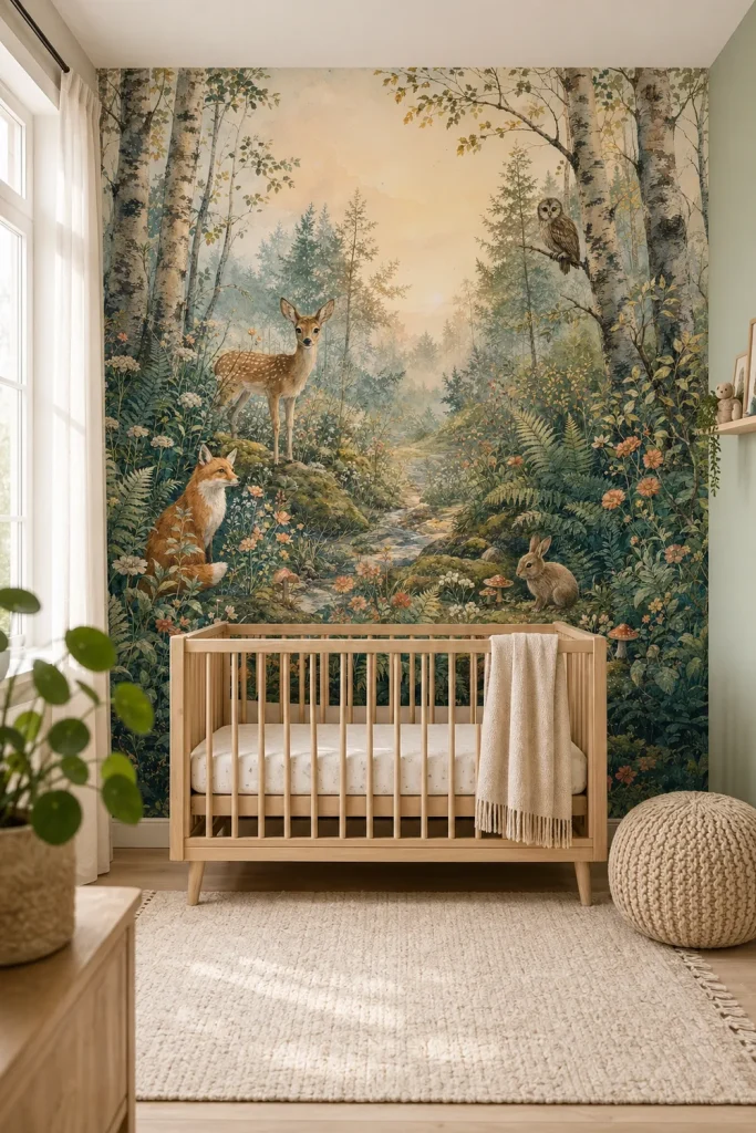 A Nordic-style nursery featuring a storybook woodland mural with watercolor animals behind a light wood crib.