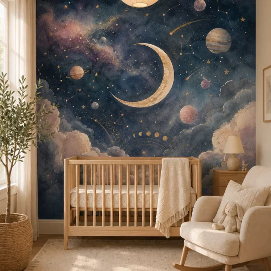 A modern Nordic nursery featuring a wooden crib against a whimsical celestial cloudscape mural with a golden moon and indigo watercolor clouds.