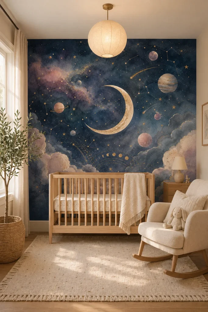 A modern Nordic nursery featuring a wooden crib against a whimsical celestial cloudscape mural with a golden moon and indigo watercolor clouds.