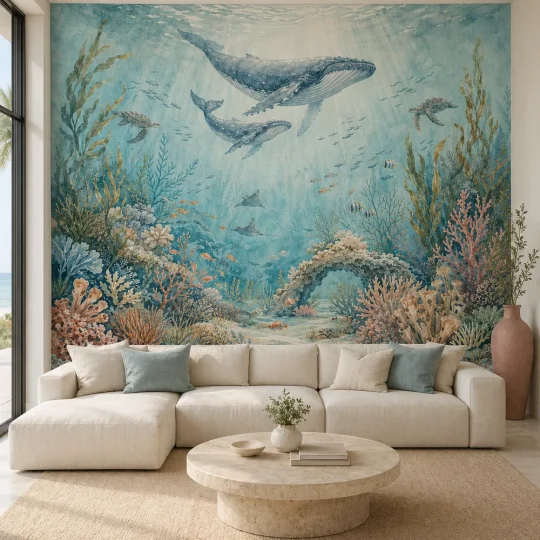 A modern coastal living room featuring an under sea coral garden mural as a large-scale watercolor feature wall behind a white sofa.