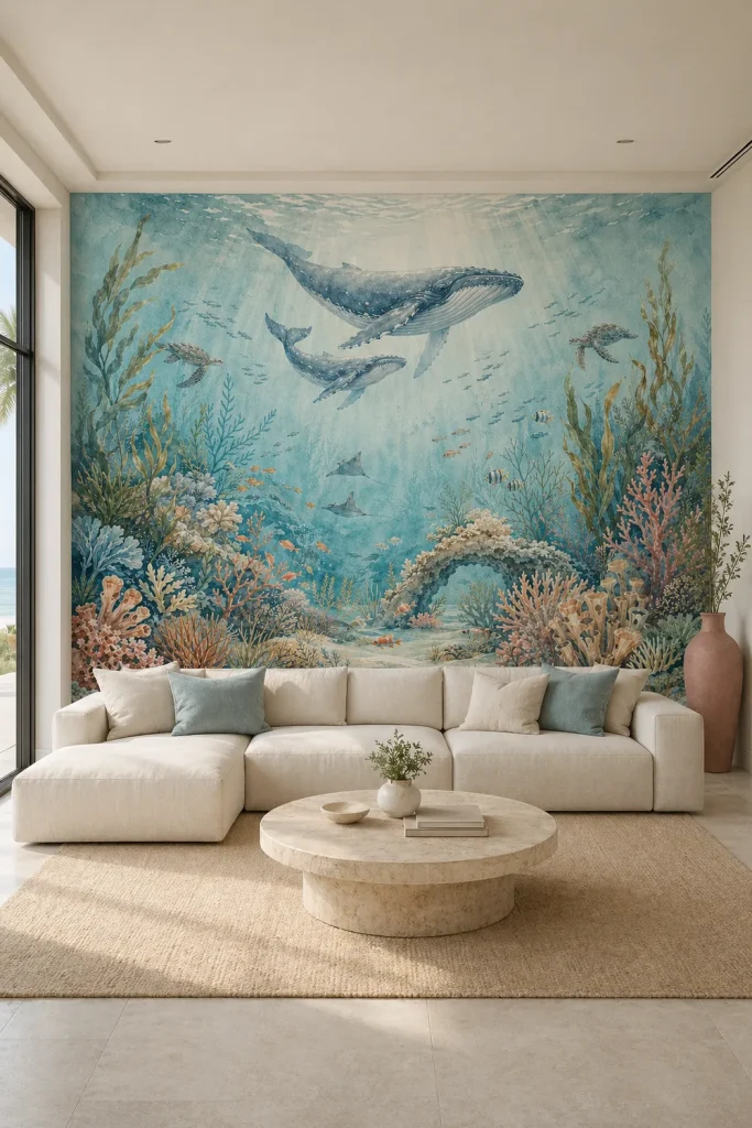A modern coastal living room featuring an under sea coral garden mural as a large-scale watercolor feature wall behind a white sofa.
