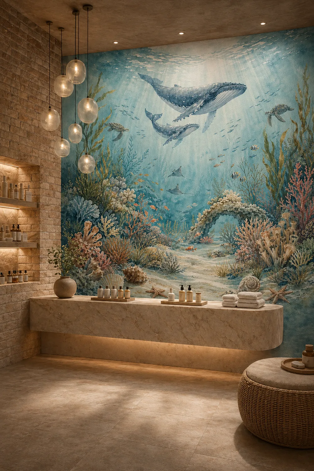 A contemporary Mediterranean spa feature wall featuring an under sea coral garden mural with watercolor humpback whales.