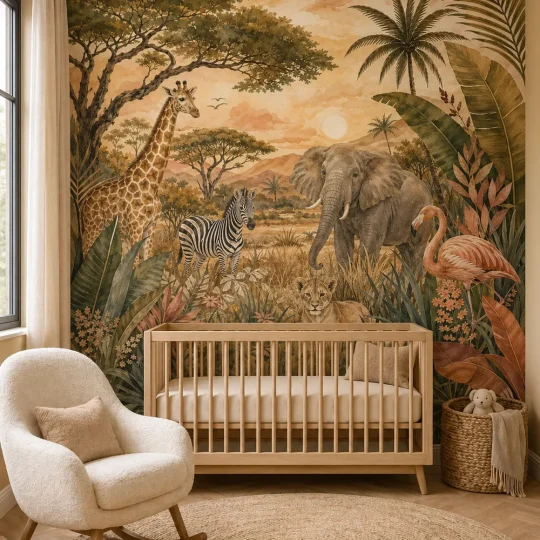 A luxury nursery featuring a safari savanna garden mural with watercolor elephants and giraffes behind a modern crib.