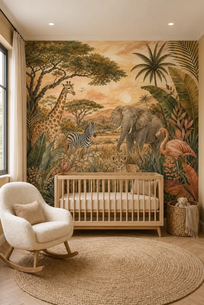 A luxury nursery featuring a safari savanna garden mural with watercolor elephants and giraffes behind a modern crib.