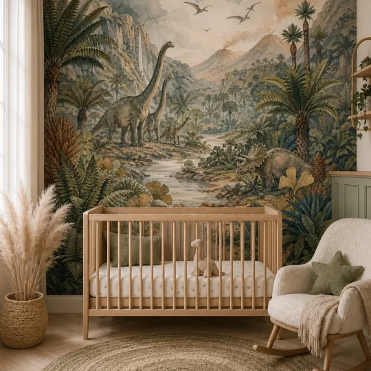 A Contemporary Nordic nursery featuring a prehistoric fern valley mural behind a wood crib with soft morning lighting.