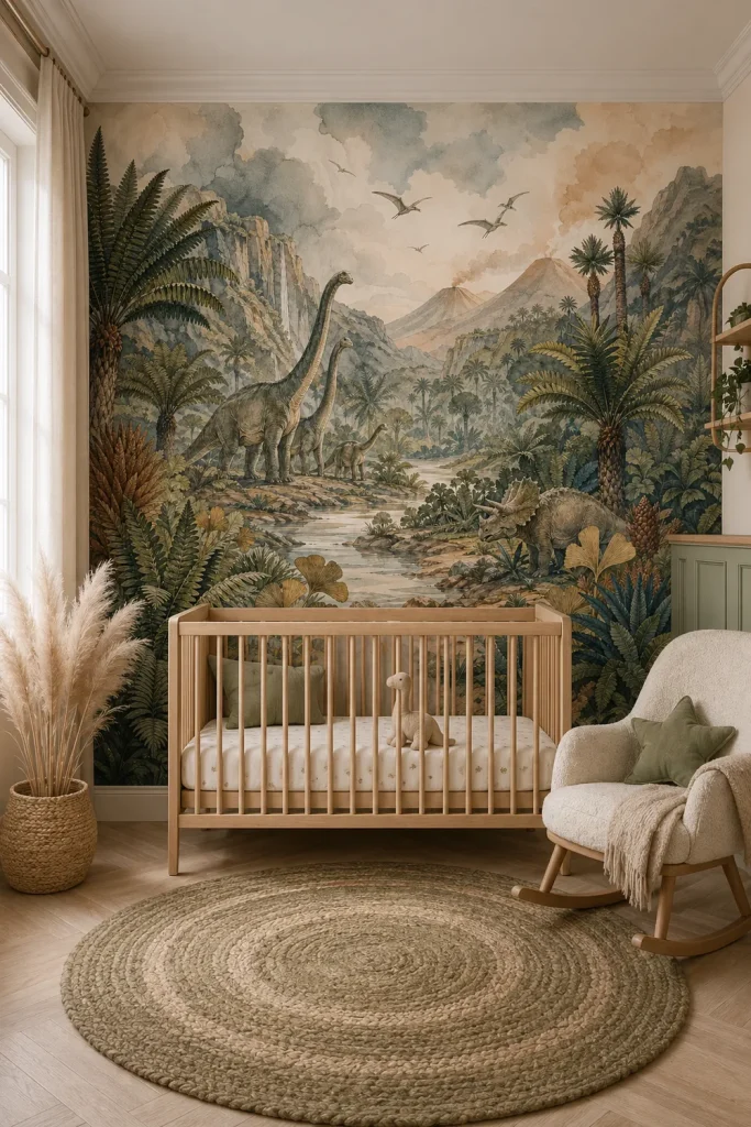 A Contemporary Nordic nursery featuring a prehistoric fern valley mural behind a wood crib with soft morning lighting.