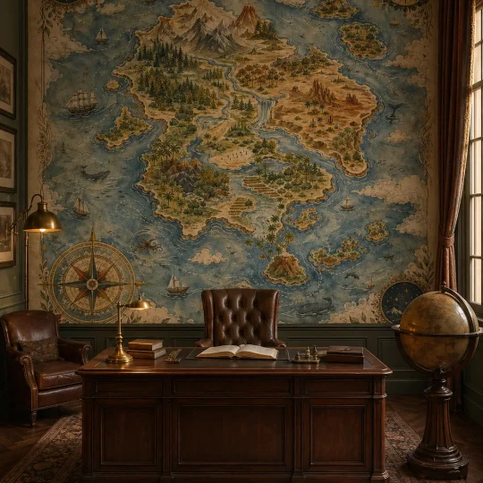 A sophisticated Dark Academia study featuring a feature wall adorned with a vintage adventure map mural behind an executive desk.
