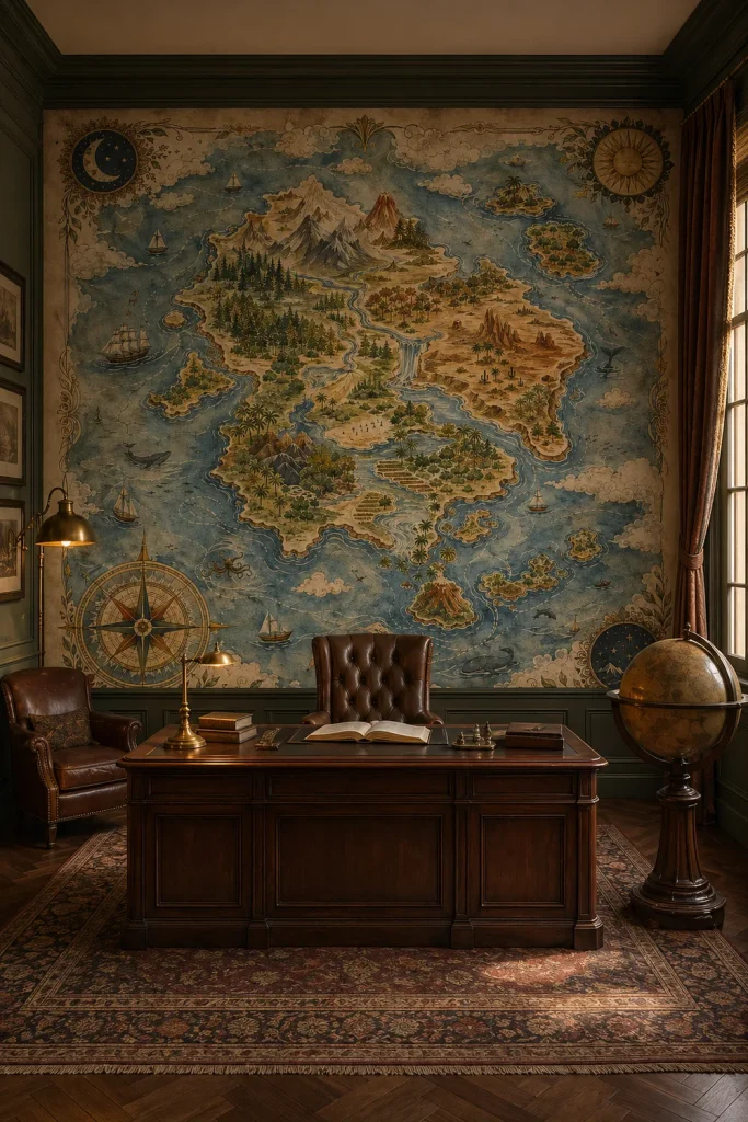 A sophisticated Dark Academia study featuring a feature wall adorned with a vintage adventure map mural behind an executive desk.