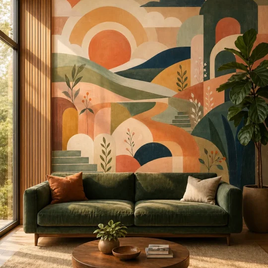 A mid-century modern lounge featuring a playful geometric landscape mural with terracotta and teal tones behind a velvet sofa.