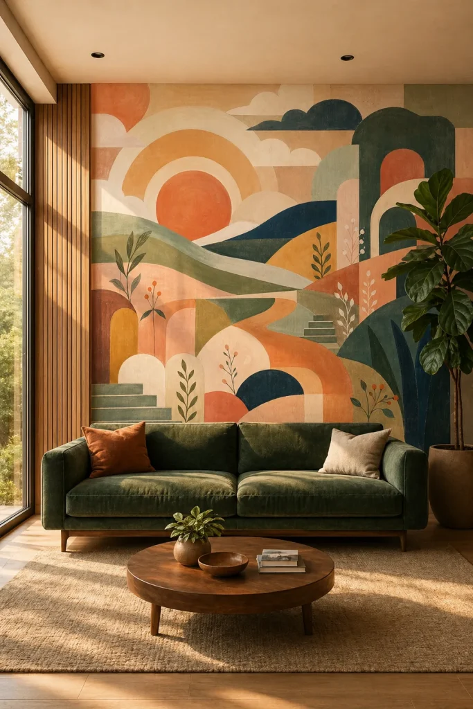 A mid-century modern lounge featuring a playful geometric landscape mural with terracotta and teal tones behind a velvet sofa.