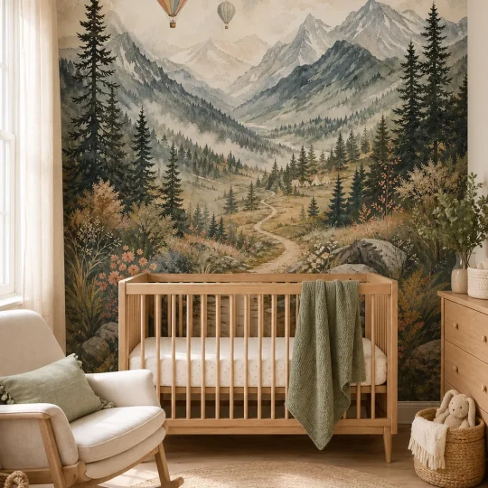 A Scandinavian nursery featuring a misty mountain adventure mural installed behind a natural wood crib.