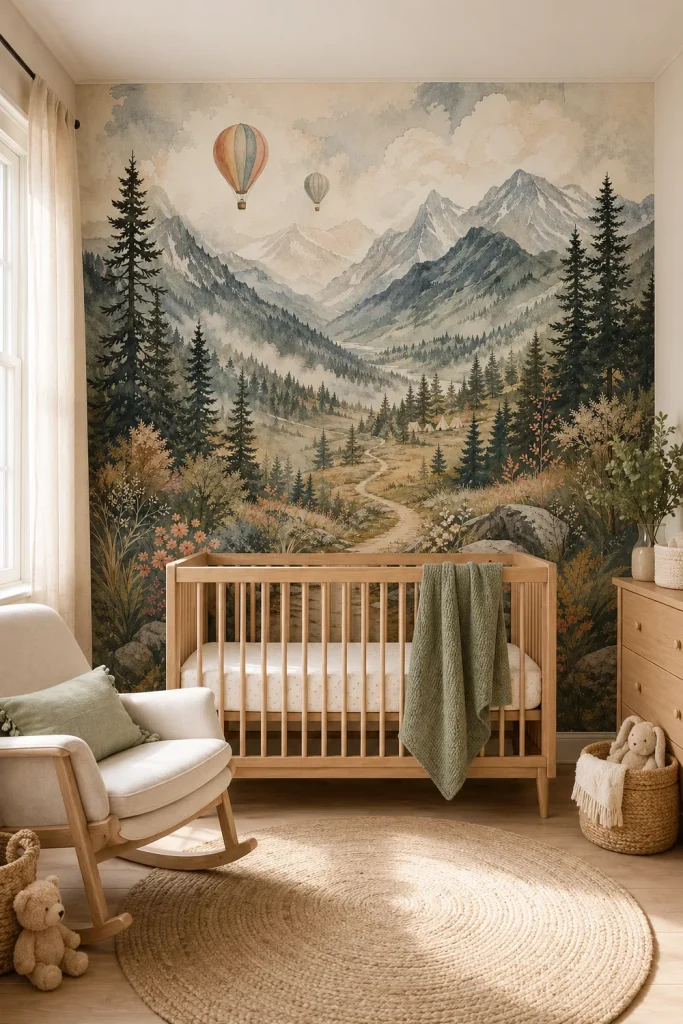 A Scandinavian nursery featuring a misty mountain adventure mural installed behind a natural wood crib.