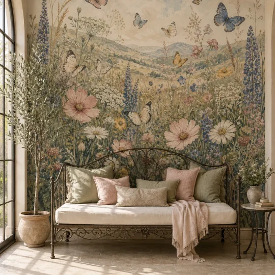 A French Country sunroom featuring a vintage butterfly wildflower meadow mural on the accent wall behind a wrought iron daybed.