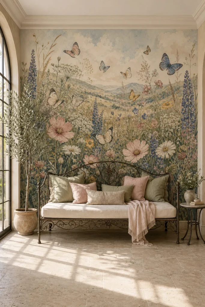 A French Country sunroom featuring a vintage butterfly wildflower meadow mural on the accent wall behind a wrought iron daybed.