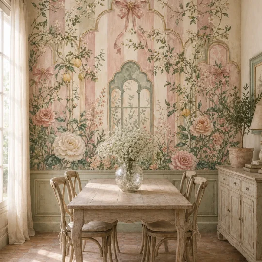 A French Provincial sunroom featuring a vintage bow scallop garden mural on the main wall behind an oak dining set.