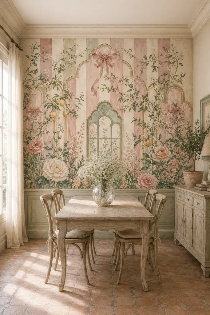 A French Provincial sunroom featuring a vintage bow scallop garden mural on the main wall behind an oak dining set.