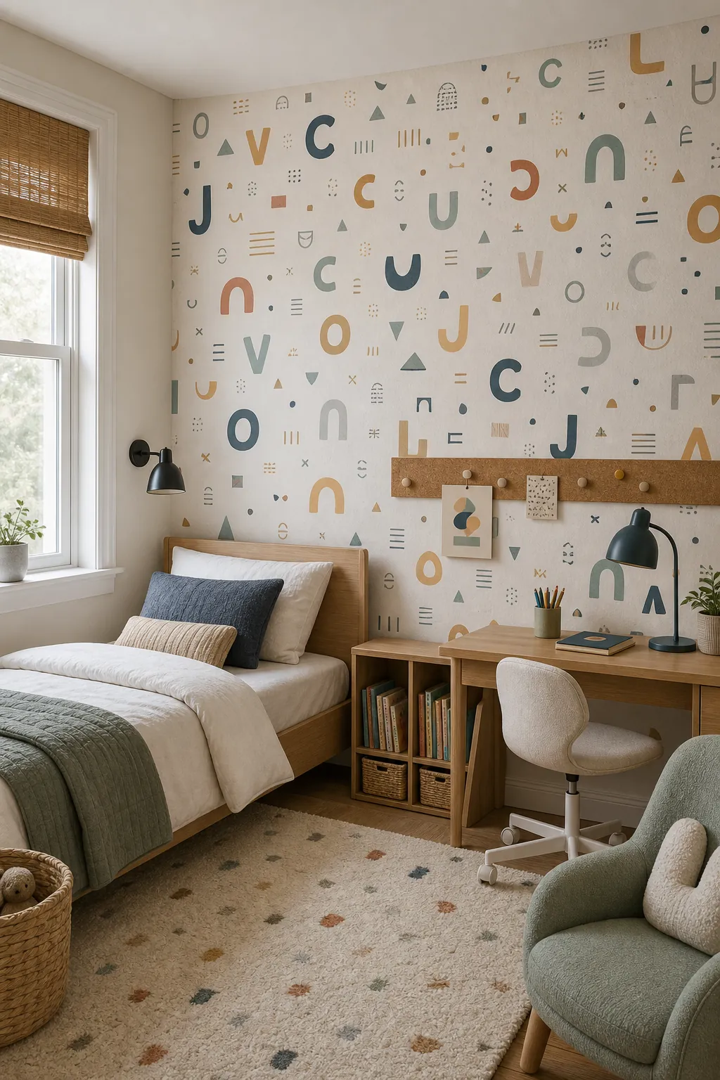 Alphabet-inspired kids bedroom wallpaper with abstract letter shapes near a study desk