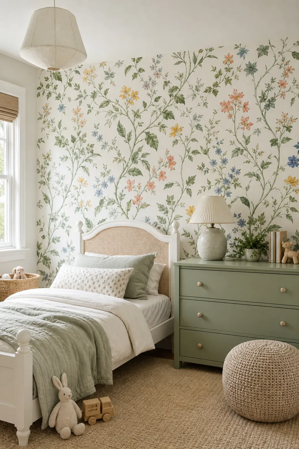 Botanical garden kids bedroom wallpaper with vines and soft wildflowers
