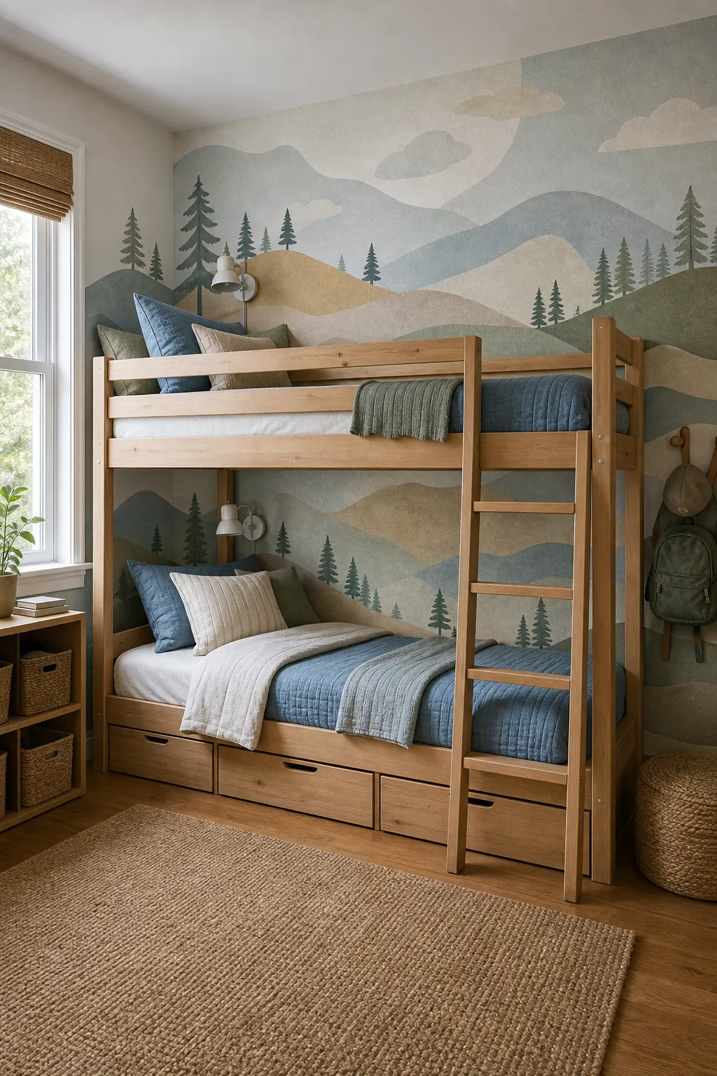 Bunk bed kids bedroom mural wallpaper with abstract hills behind wood bunks