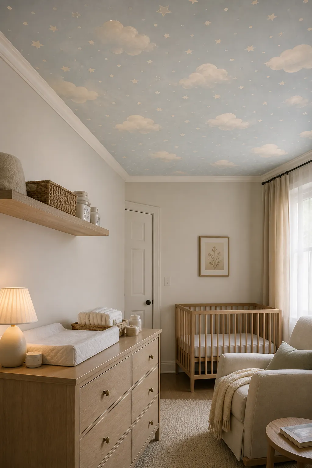 Ceiling wallpaper above a nursery changing area