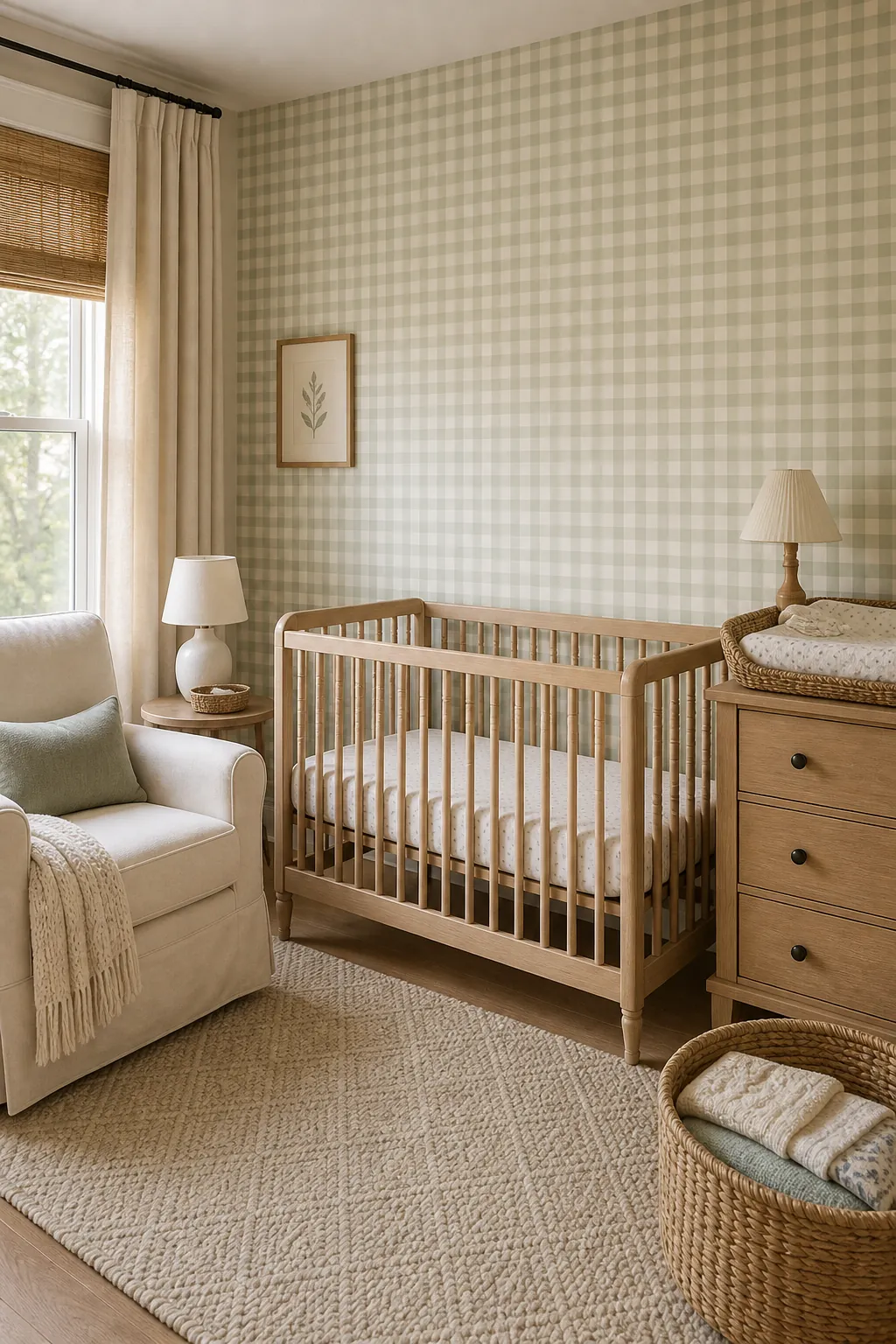 Classic gingham wallpaper in a gender neutral baby room
