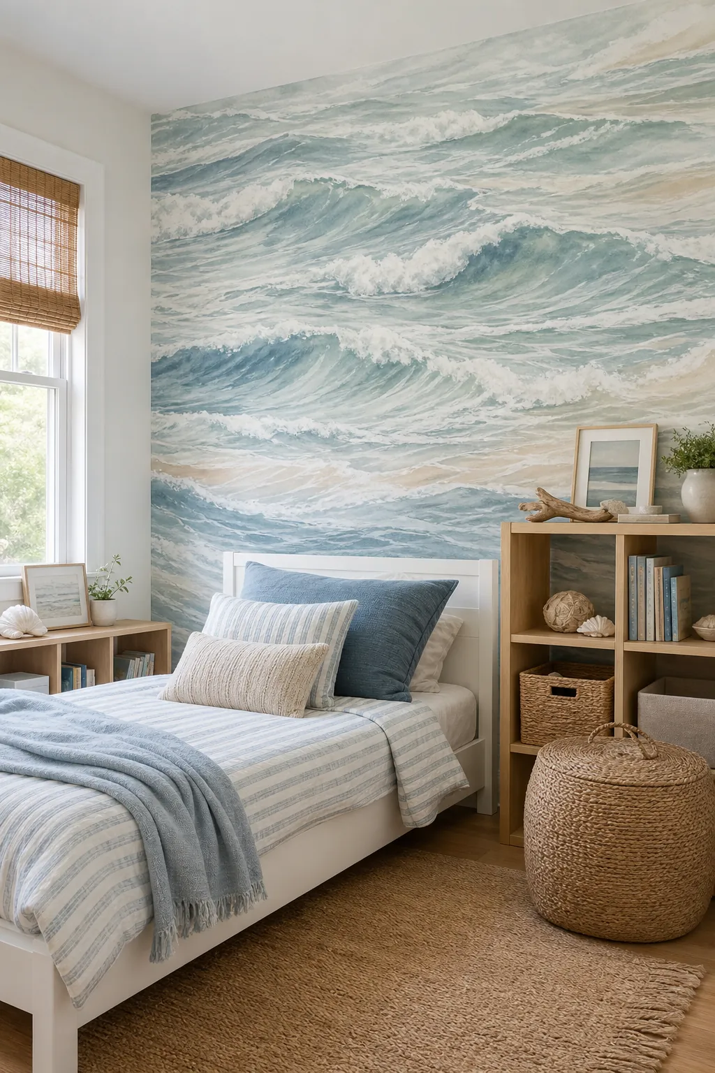 Coastal wave kids bedroom wallpaper with soft seafoam tones behind a white bed
