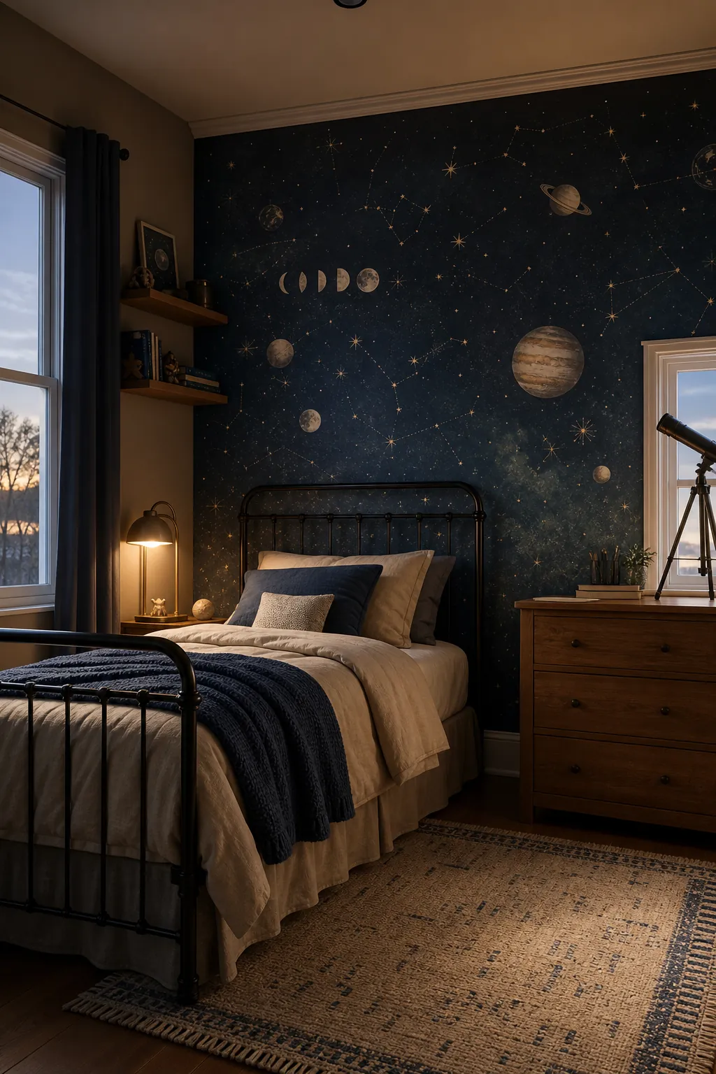 Constellation space kids bedroom wallpaper in a cozy blue bedroom