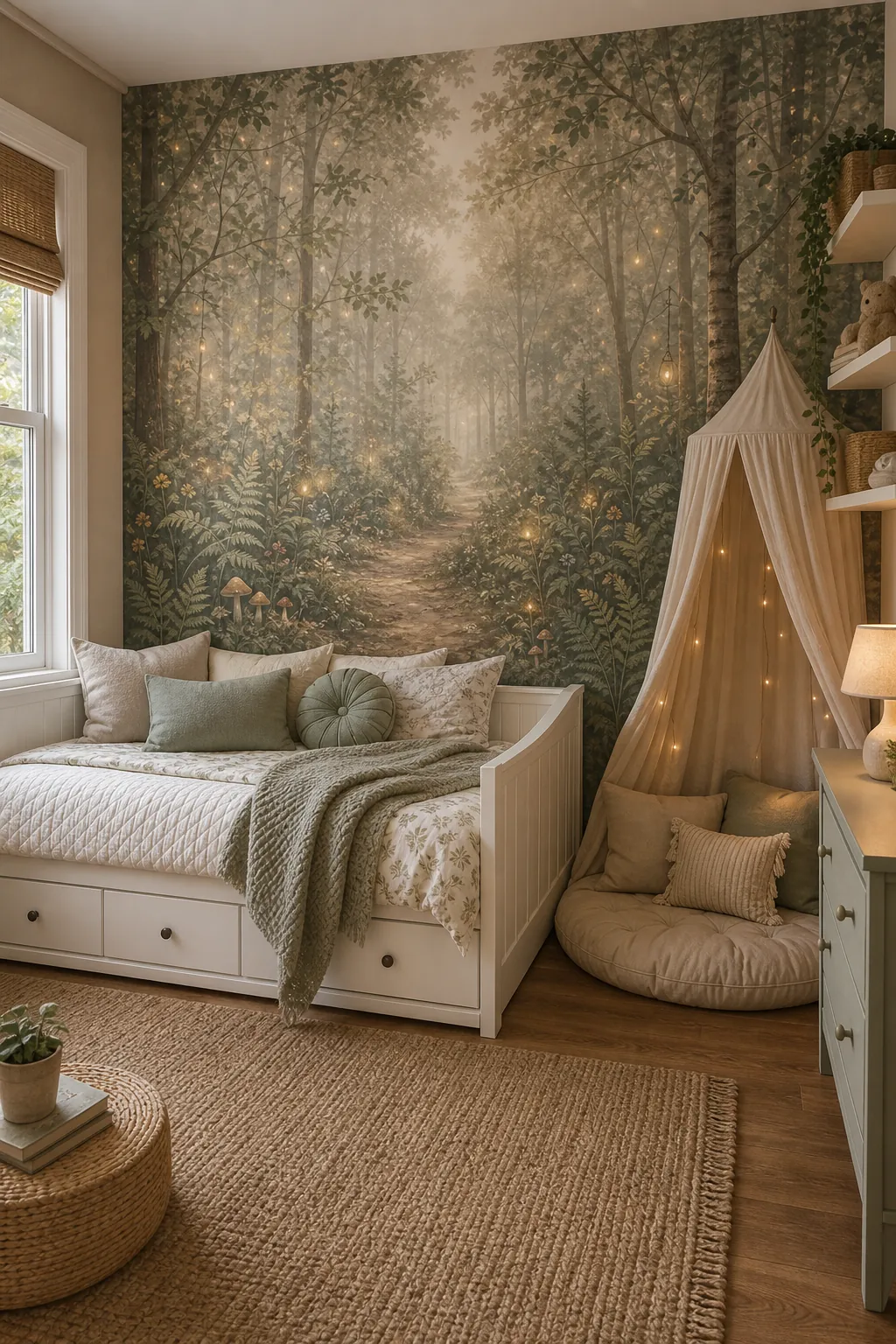 Subtle fairy forest kids bedroom wallpaper with misty trees and soft warm light