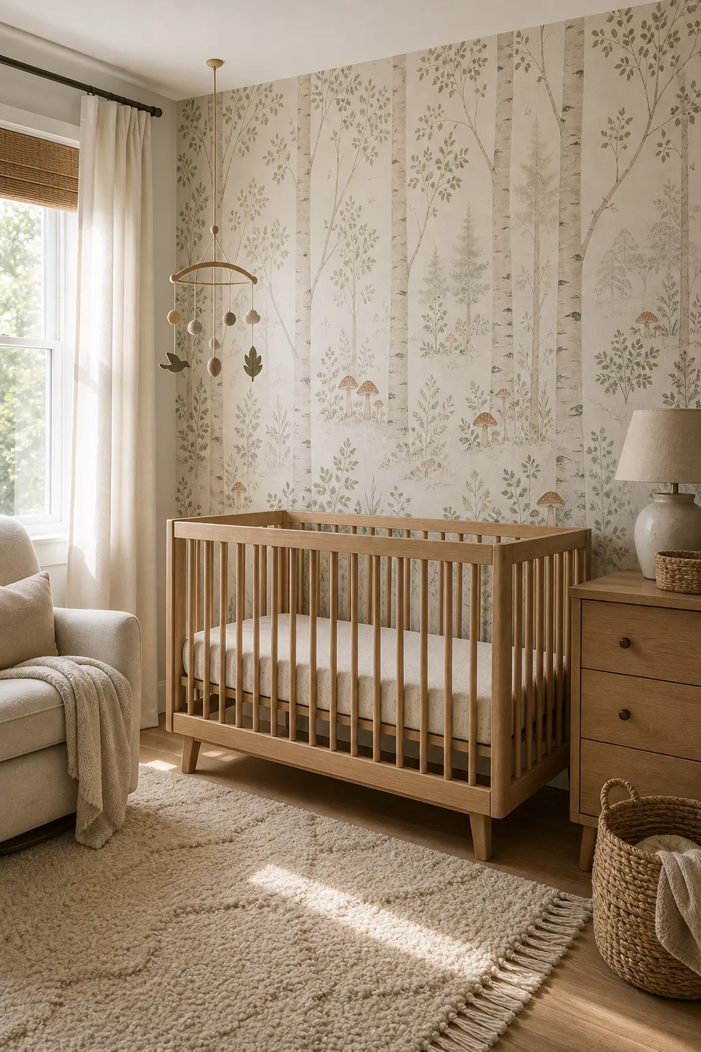 Gentle woodland wallpaper in a warm nursery