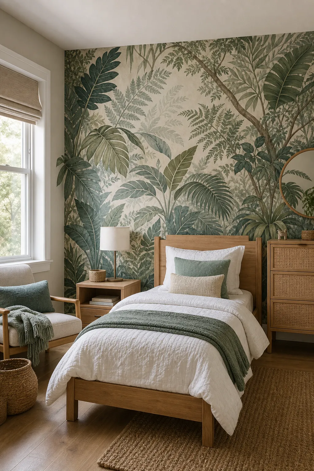 Jungle canopy kids bedroom wallpaper with layered green leaves behind a wood bed